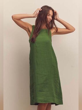 Amente Back Tied Green Linen Midi Dress Medium
